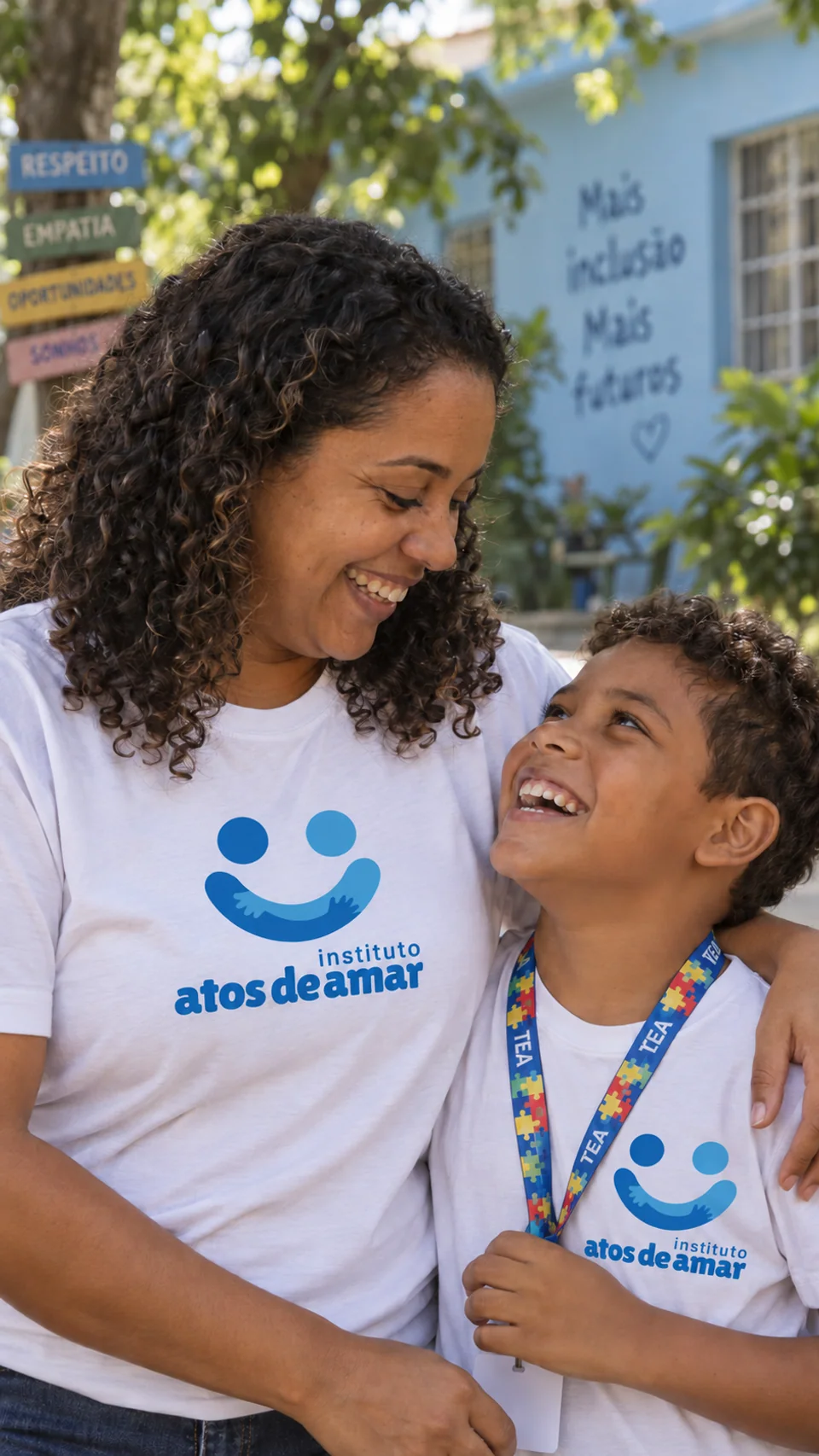 Imagem ilustrativa de mãe e filho compartilhando um abraço, com camisetas do Instituto e cordão de identificação TEA.