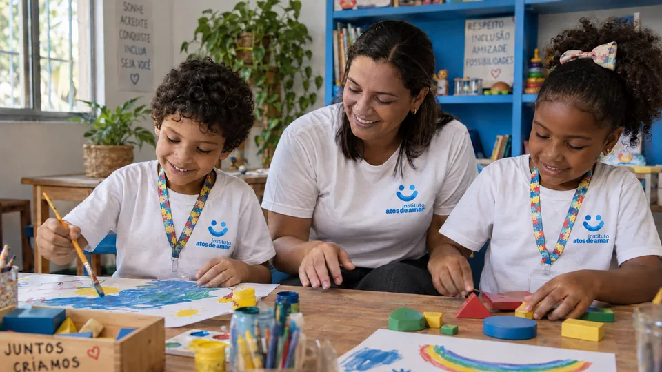 Imagem ilustrativa de crianças participando de uma atividade criativa com uma educadora.