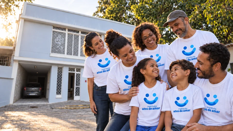 Imagem ilustrativa de famílias e voluntários reunidos ao ar livre, com camisetas do Instituto.